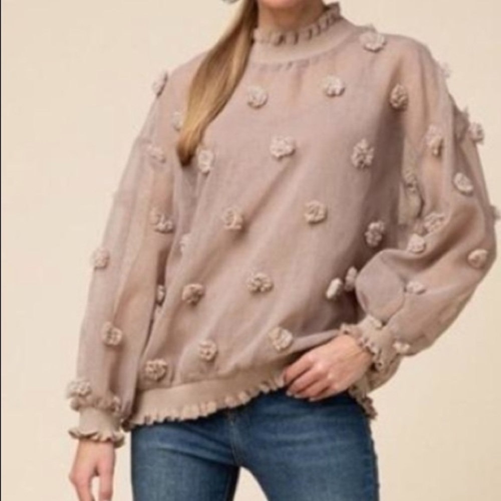 Entro Pom Pom Semi-Sheer Puff Sleeve Blouse Size S